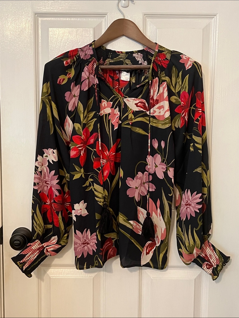 VENUS Black Floral Tie-Neck Blouse with Red & Pink Blooms